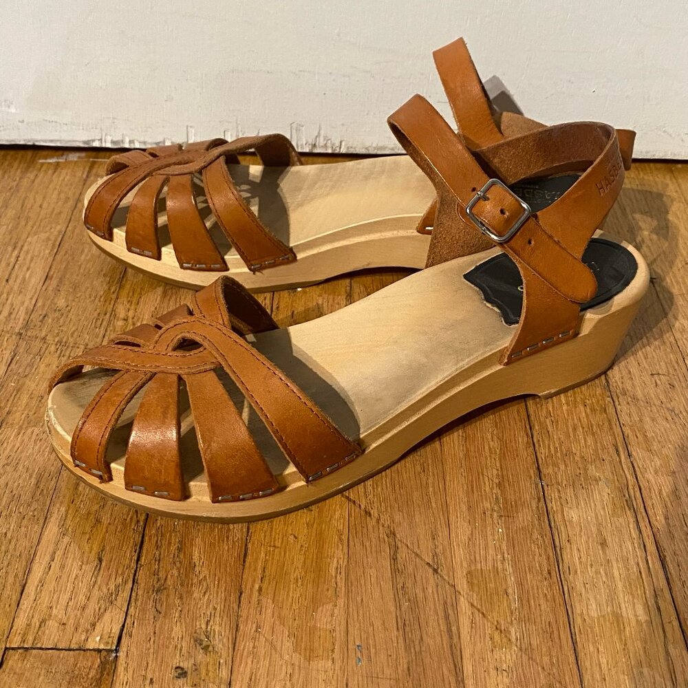Swedish Hasbeens Magdalena Leather Open Toe Clogs